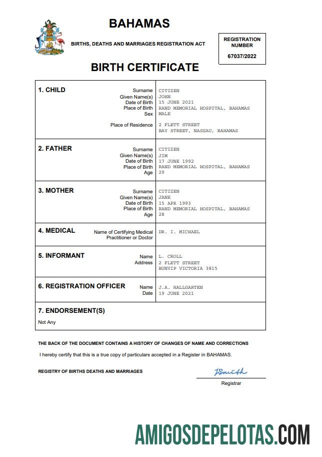Para baixar modelo Word e PDF de certidão de nascimento de registro vital das Bahamas